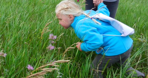 Girl in blue jacket in field of grass smelling a flower