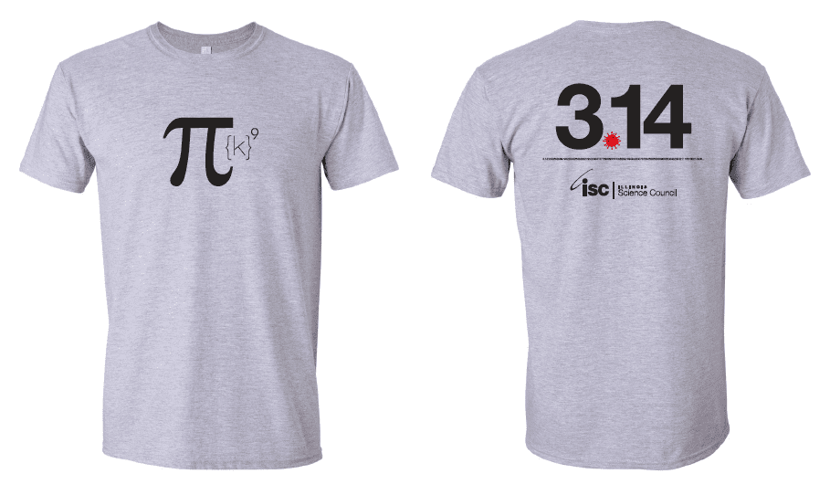 Gray PiK T-shirt 2021 front with Pi K logo and back with numbers 3.14 and ISC logo