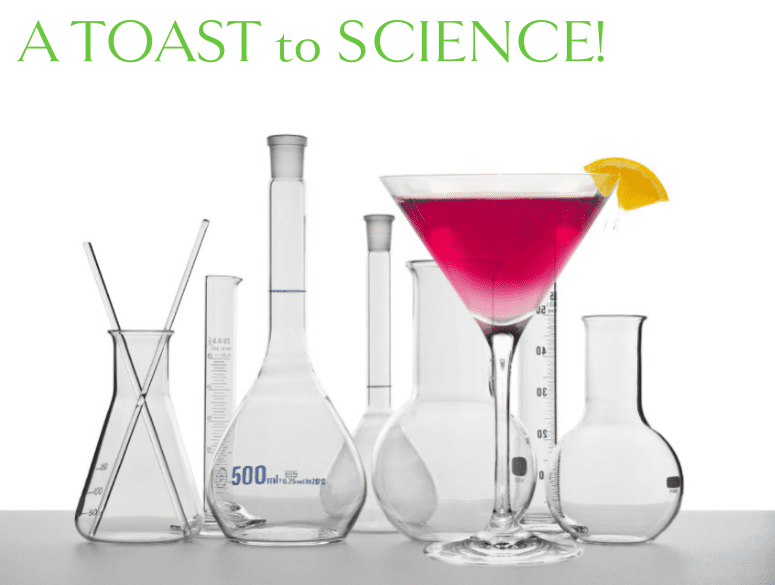 A collection of scientific glass beakers with a red martini glass in front with the headline "A Toast to Science"