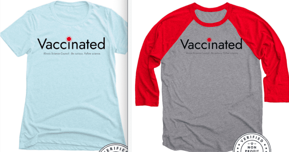 women's pale blue t-shirt and men's baseball shirt in gray and red with logo "Vaccinated" in bold letters
