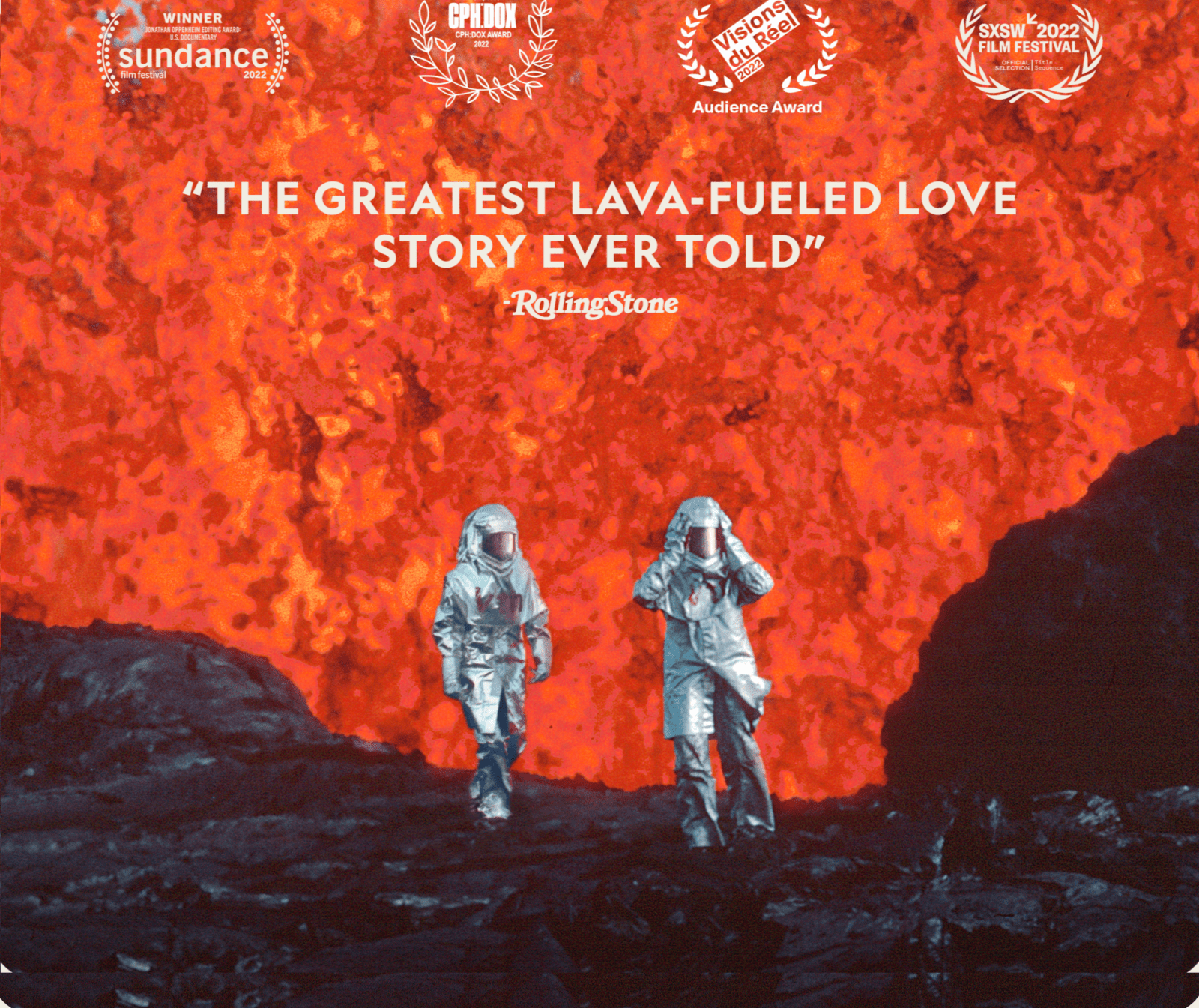 Two human figures in thermal suits walking with spewing orange lava behind them