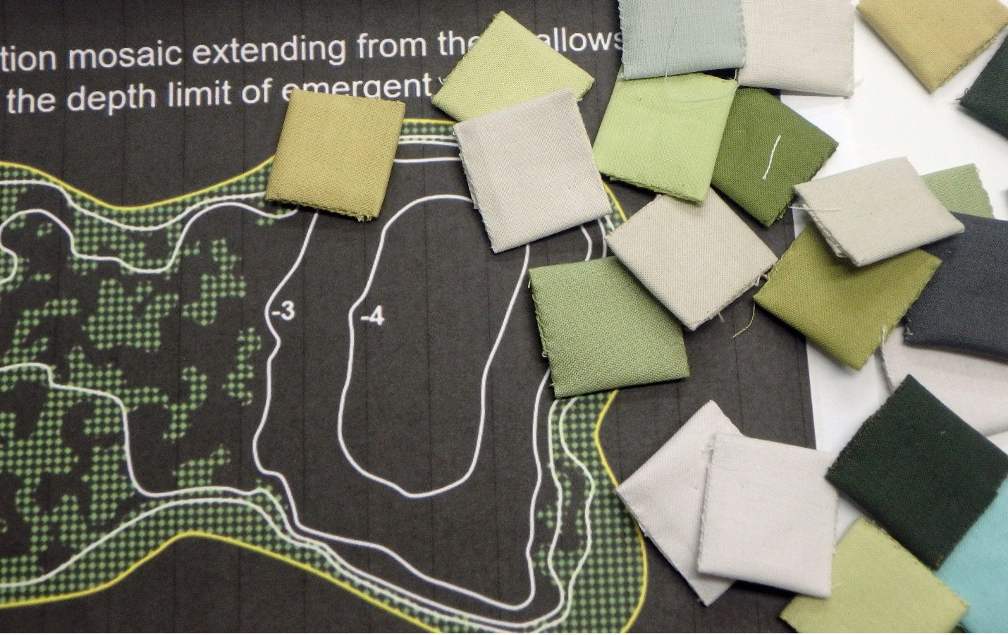 Image of researcher Gary Sullivan’s Hemi-Marsh map with multiple squares of different-colored green squares of fabric.