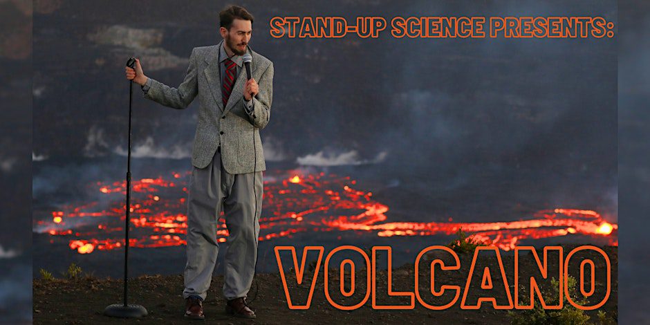 Science comedian Ben Miller standing at a microphone in front of volcano lava