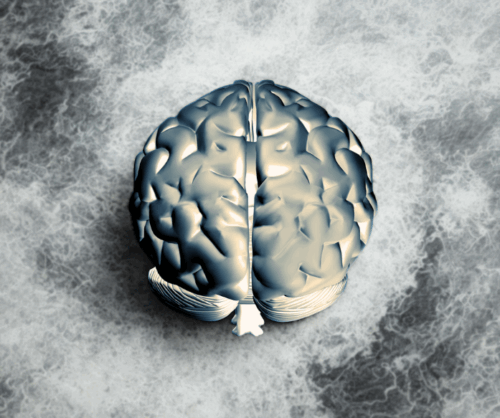 gray-looking human brain on an ominous gray background