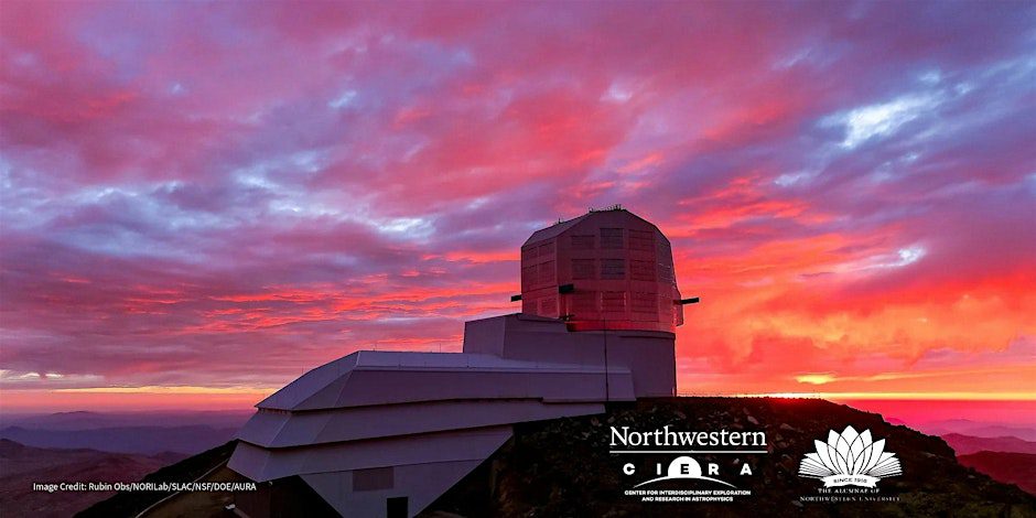 photo of the Vera Rubin Observatory in Chile against a brilliant red-orange sky background