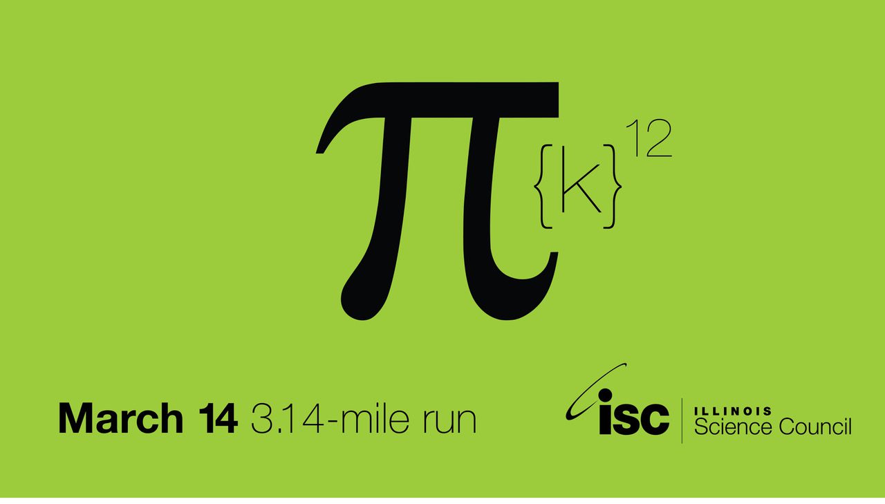 A pi symbol with the date March 14 and 3.14-mile run beneath it next to the Illinois Science Council logo.